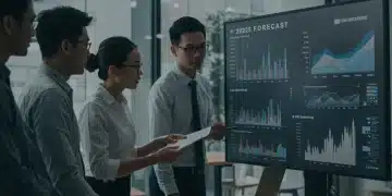 Sales professionals analyzing 2025 B2B spending forecasts on a digital dashboard.