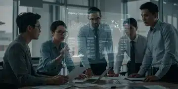 Business professionals analyzing holographic charts of 2025 US sales regulations.