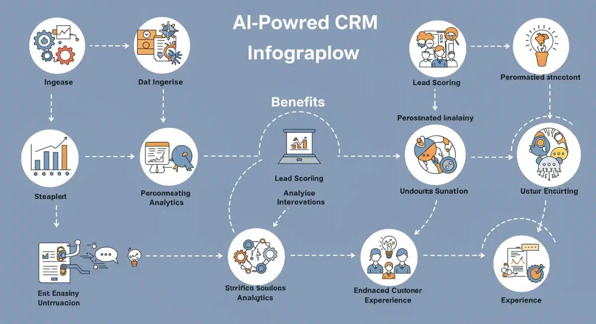 Workflow diagram of AI-powered CRM processes and benefits
