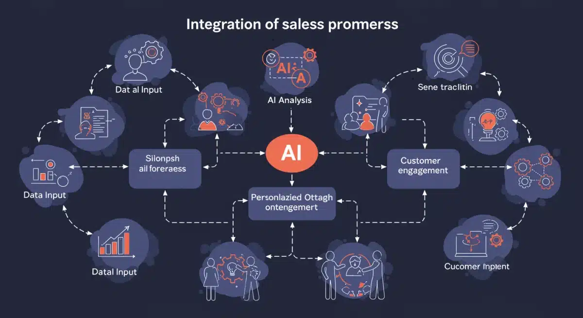 Flowchart depicting AI integration in sales, from data collection to personalized customer engagement.