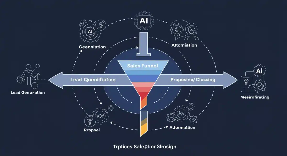 Infographic illustrating an automated sales funnel with AI and technology streamlining each stage.