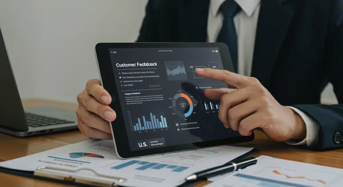 Business professional reviewing customer feedback from automated follow-up.