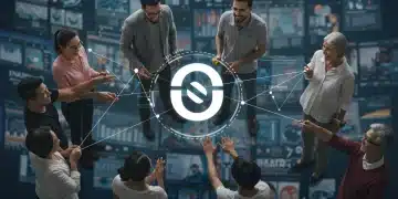 Diverse community members engaging positively around a brand logo, symbolizing community-led growth and enhanced brand loyalty in the US.