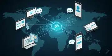 Conversational AI impacting US customer acquisition with digital interfaces and speech bubbles