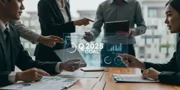 Business team analyzing CRM data for US sales improvement goals.