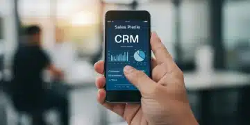 CRM Mobile Access: Boosting US Sales Productivity by 7% in Q1 2025 Salesperson viewing CRM dashboard on a smartphone, highlighting key performance indicators.