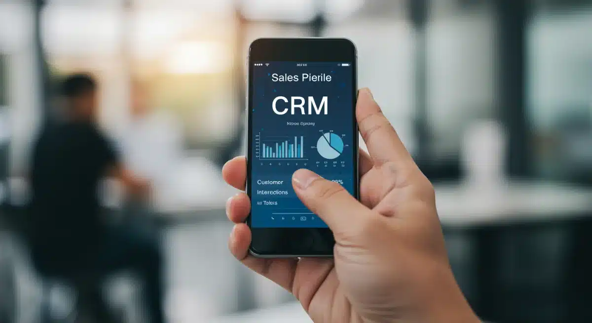 Salesperson viewing CRM dashboard on a smartphone, highlighting key performance indicators.