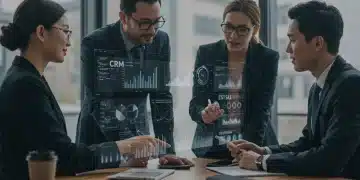 Business team analyzing CRM data for enhanced post-sale engagement and repeat business growth in the US.