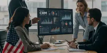 Business team analyzing CRM data to reduce customer acquisition costs in the US market