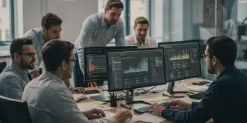 Sales team actively participating in CRM training session, focused on screens and data analysis.