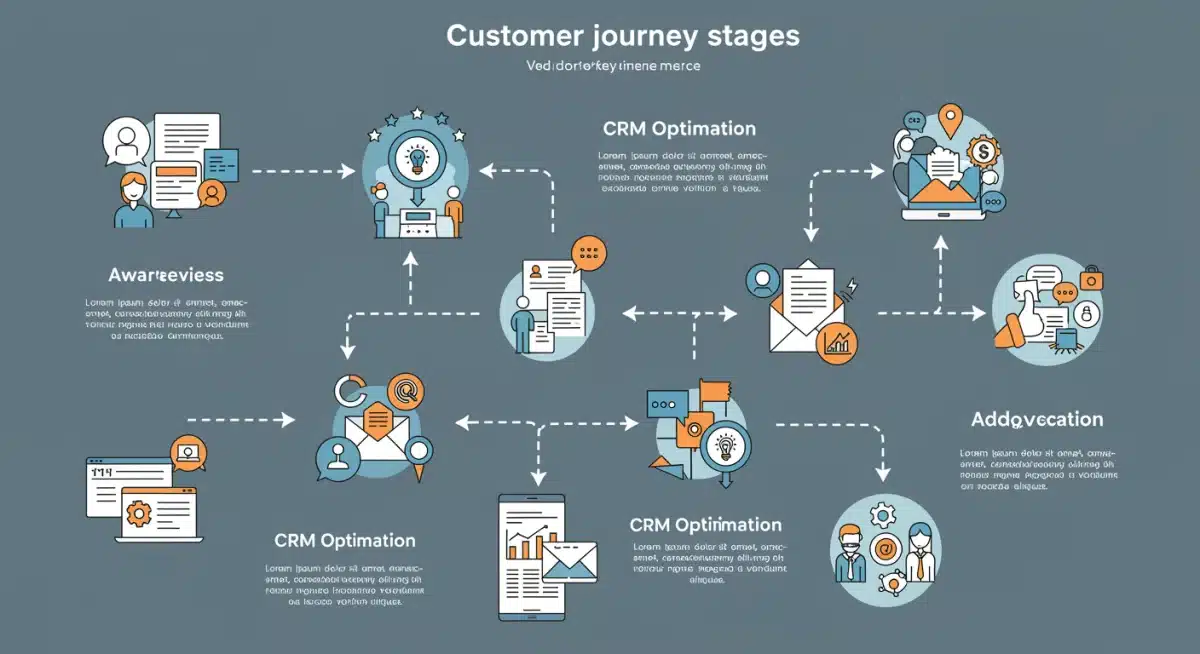 Customer journey infographic showing CRM optimization impact on acquisition costs