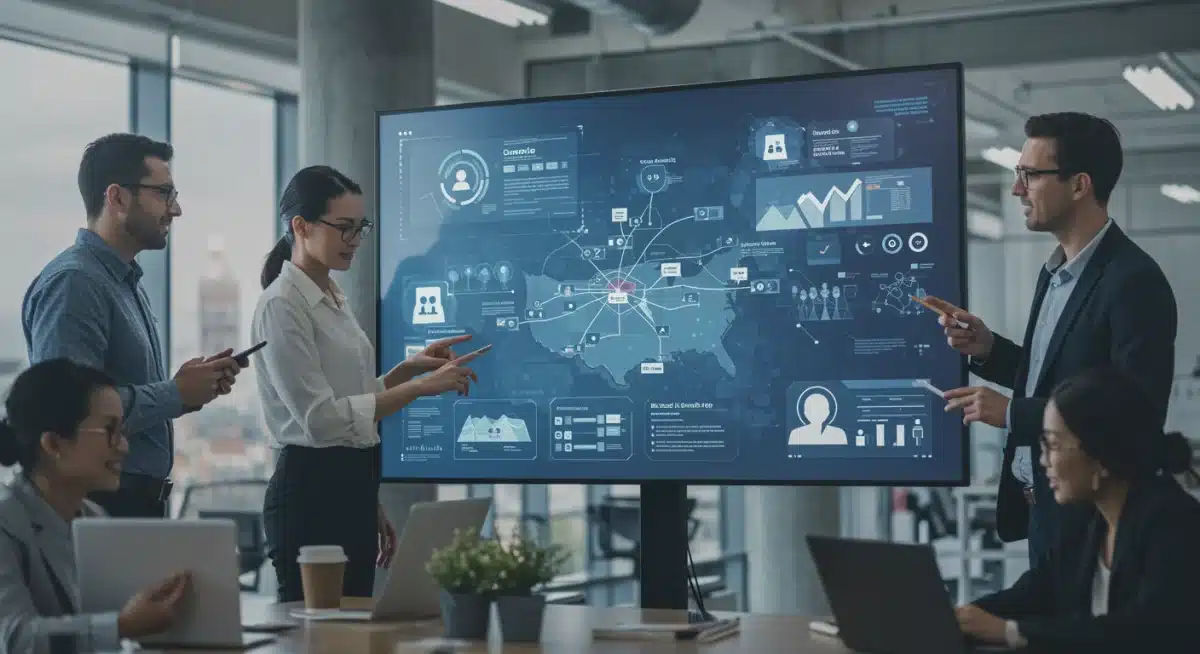 Business team analyzing customer journey maps on a large screen, focusing on CEM strategies.