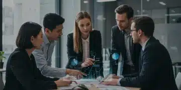 Diverse sales team collaborating on market data