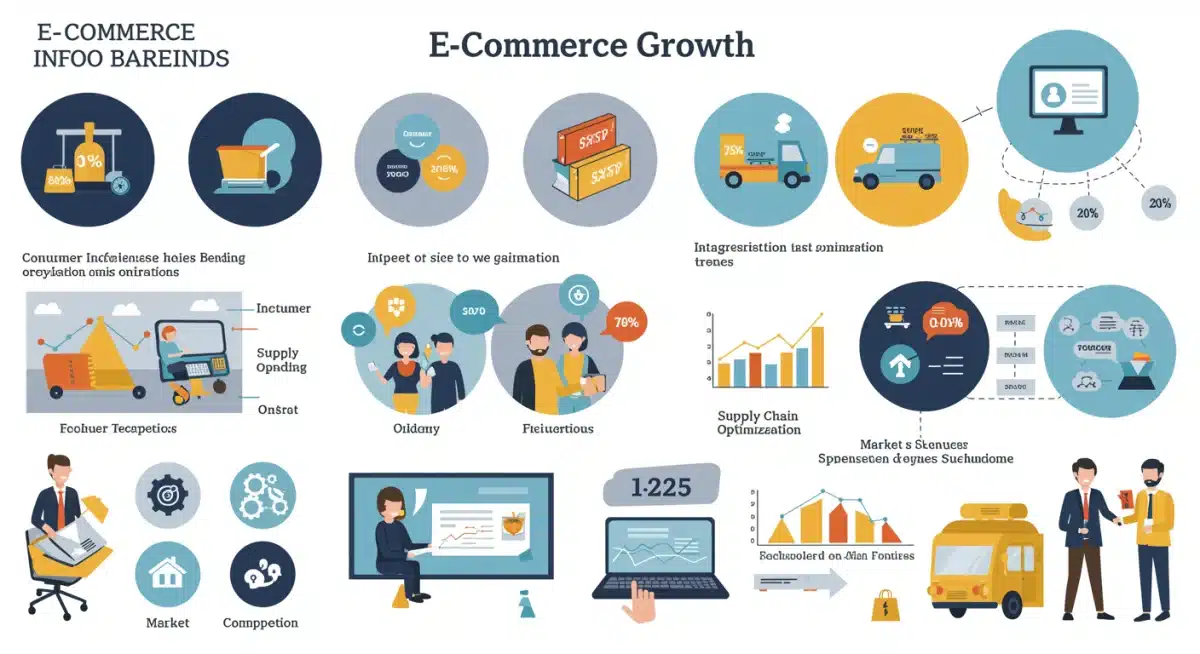 Infographic showing key drivers of Q1 2025 e-commerce growth: consumer behavior, tech, supply chain.
