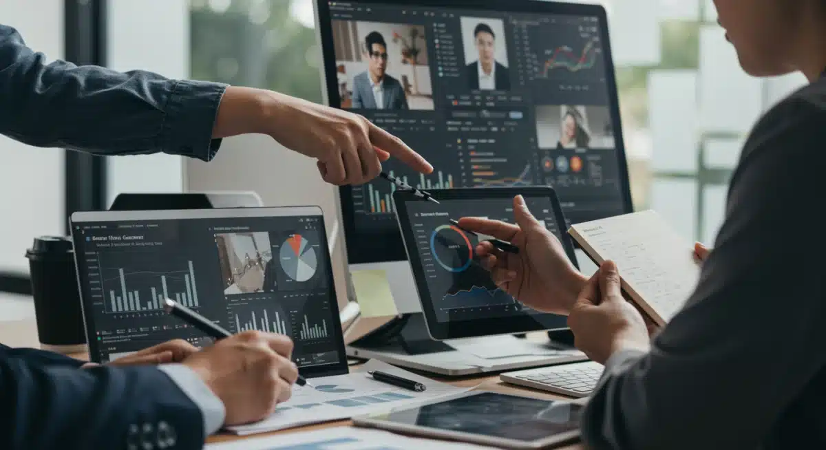 Professionals analyzing demographic data and purchasing patterns in a virtual meeting, reflecting evolving consumer behavior.