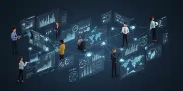 Futuristic B2B sales landscape with professionals interacting with AI and data in 2025