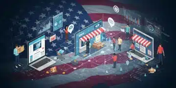 Futuristic e-commerce landscape with data analytics and consumer interaction in US retail