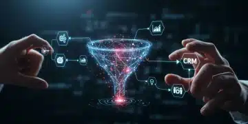 Futuristic sales funnel illustrating automated lead conversion processes with data analytics