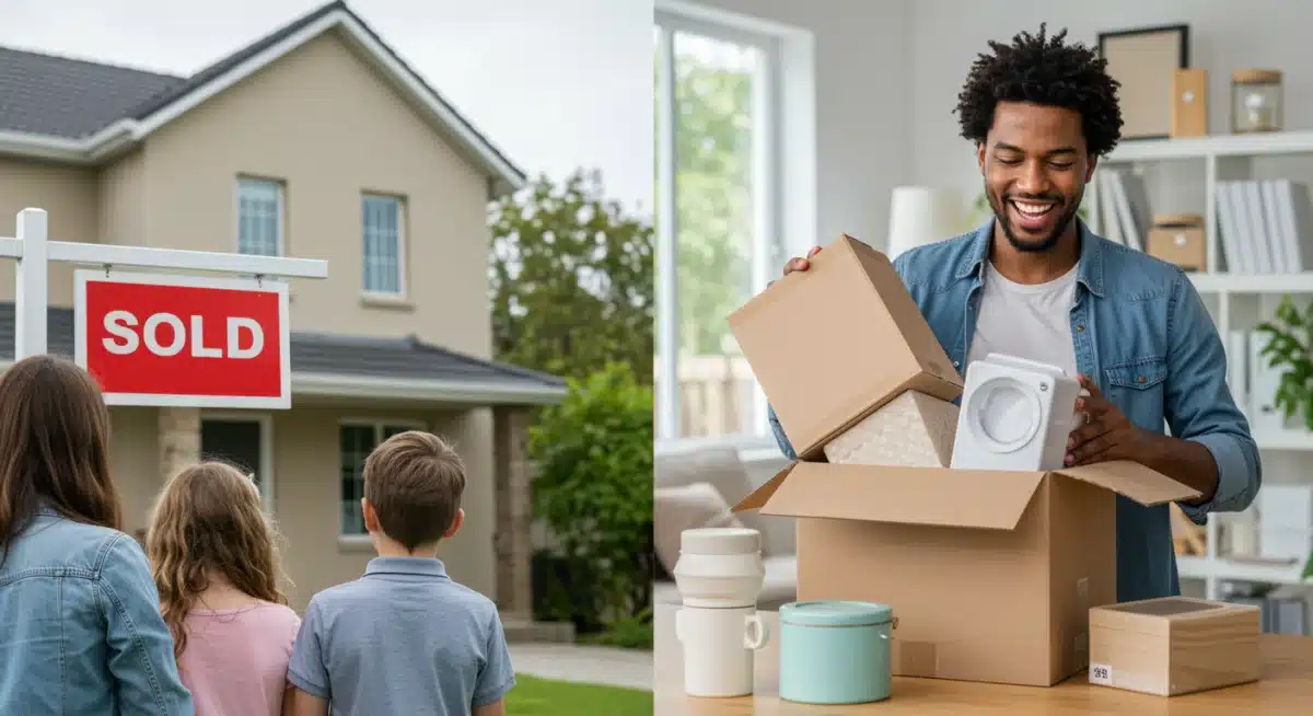 Family buying a home and consumer unboxing new home goods, illustrating B2C sales driven by housing.