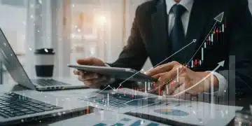Charts and graphs illustrating inflation impact on sales margins with a business professional strategizing for profitability.