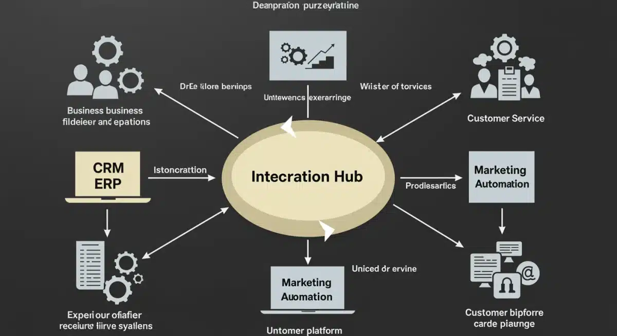 Diagram showing interconnected business systems via a central integration hub for unified data flow.