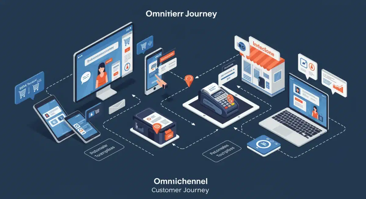 Integrated omnichannel customer journey map with digital and physical touchpoints.