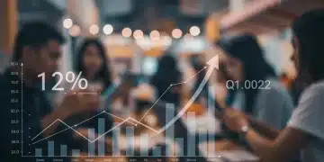 Charts showing 12% Q1 2025 US e-commerce growth with digital shopping carts and online transaction symbols.