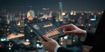 Sales analytics dashboard on a tablet showing Q4 2024 revenue growth metrics in a US business setting.