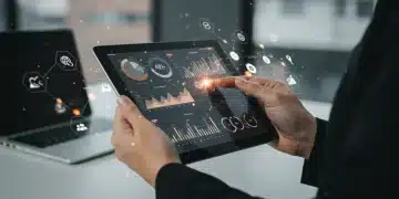 Digital tablet showing sales analytics in a modern office setting, representing technology adoption.