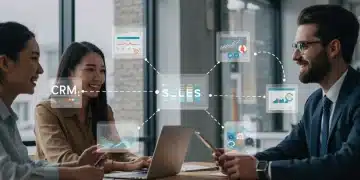 Digital illustration of sales automation tools and a successful sales team in a modern office.