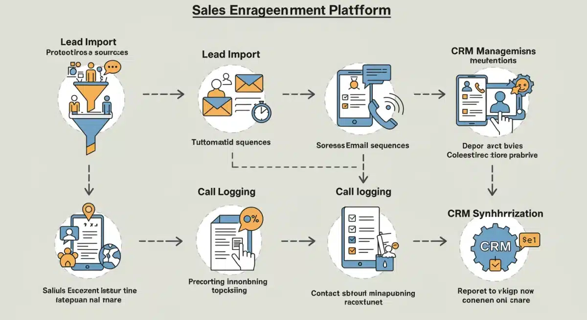 Infographic of sales engagement platform workflow and CRM integration