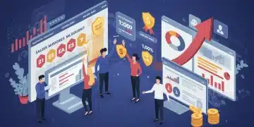 Sales team celebrating success with gamification elements like leaderboards and badges.