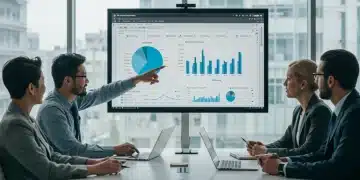 US sales leaders evaluating CRM system upgrade data on a large screen