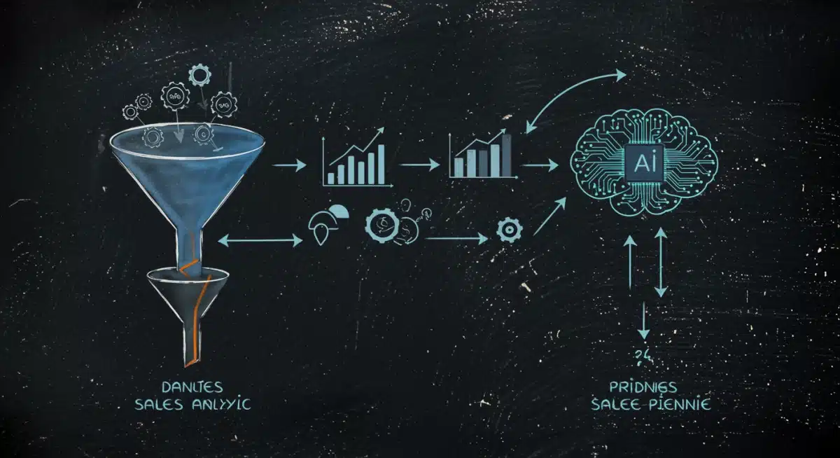 Sales funnel transforming into a data-driven pipeline with AI integration.