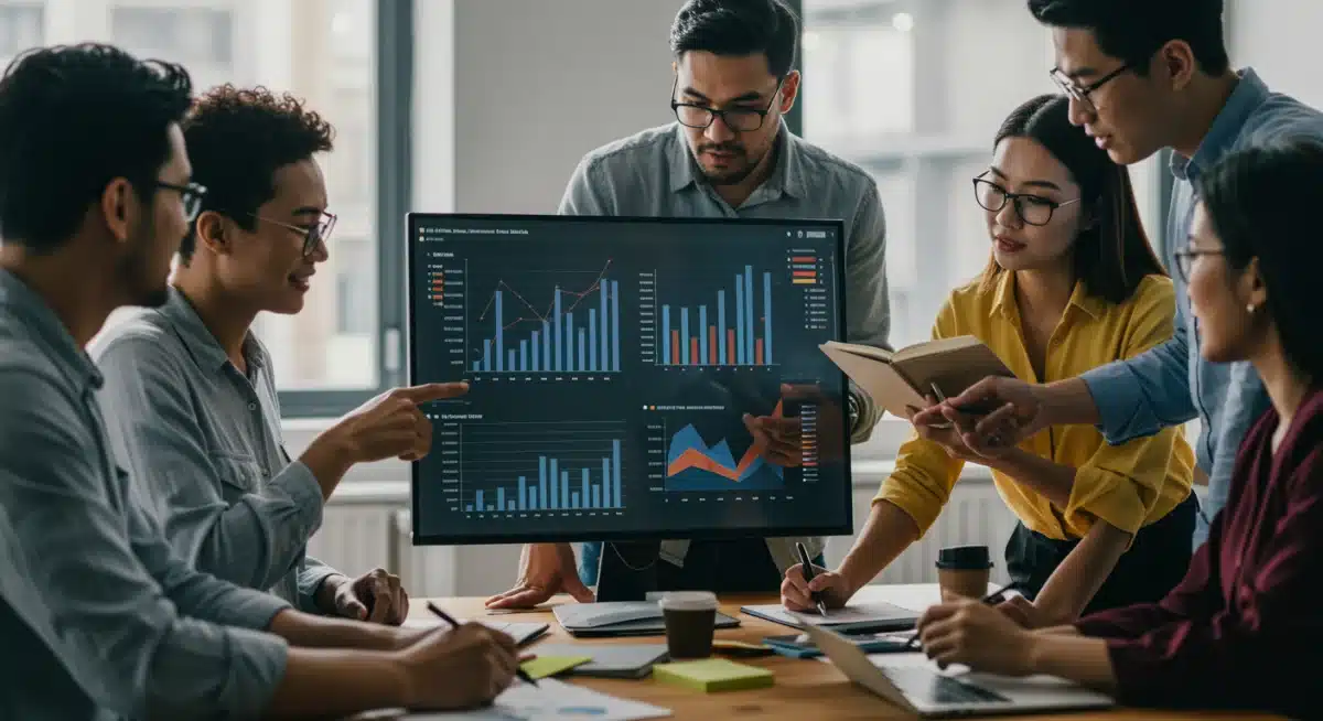 Sales team collaborating on market trend analysis and economic insights