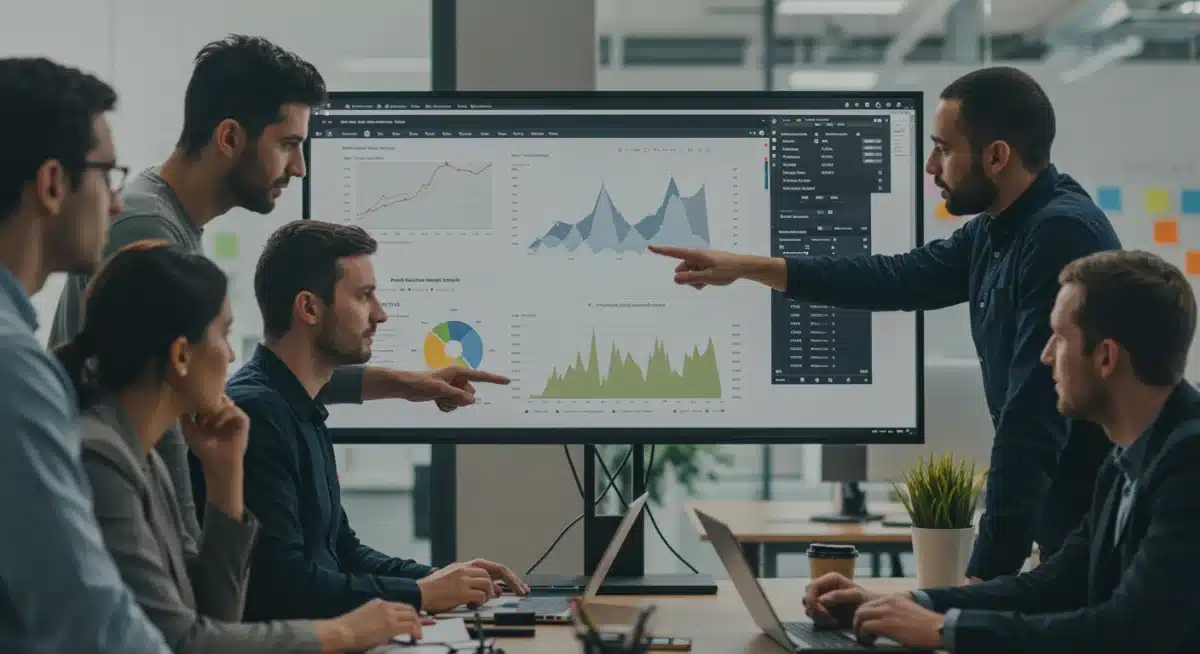 Sales team analyzing predictive analytics models for lead scoring