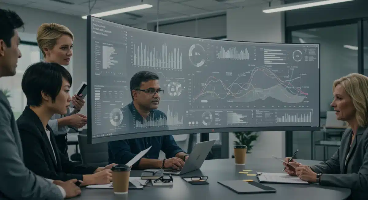 Sales team analyzing predictive analytics on a large screen for improved forecasting.