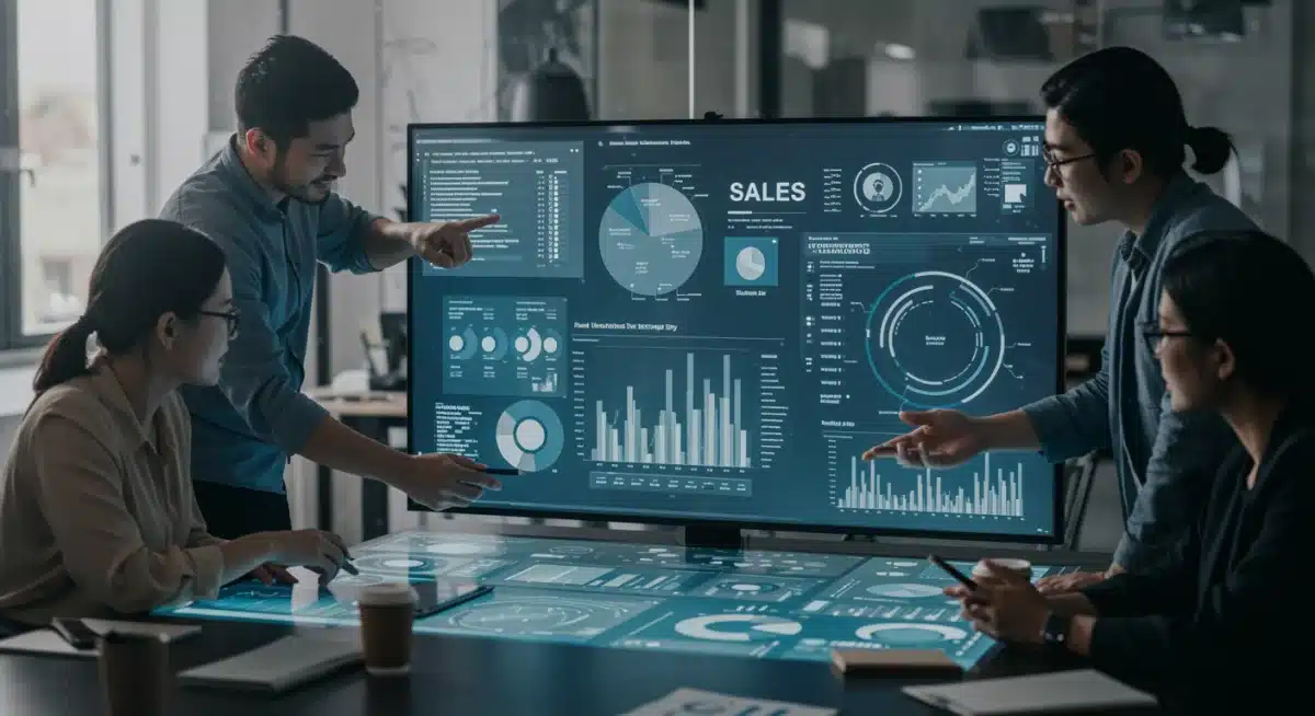 Sales team analyzing real-time data on an interactive screen