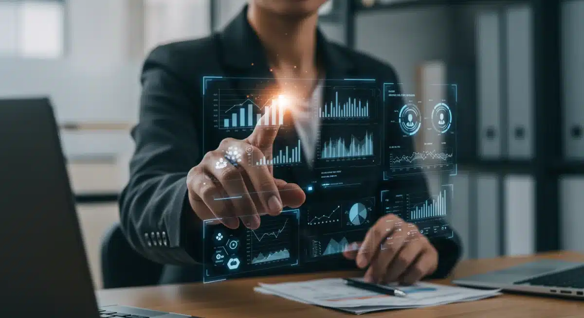 Salesperson using AI-driven holographic interface for personalized customer engagement.