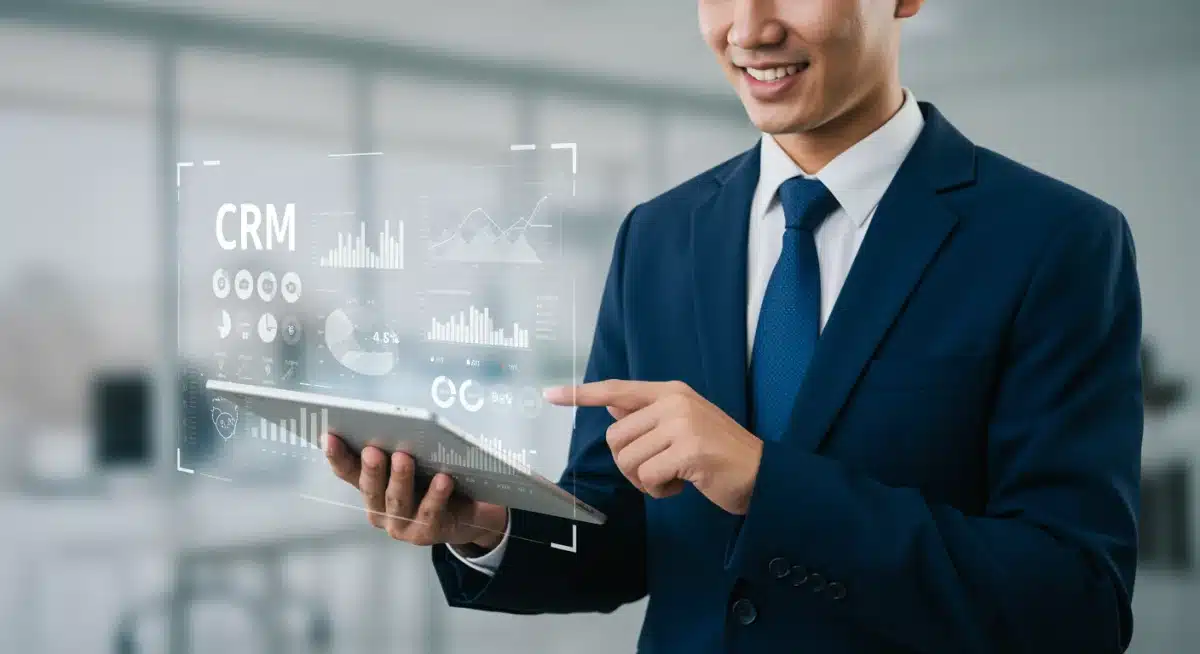 Salesperson using CRM dashboard for performance analytics