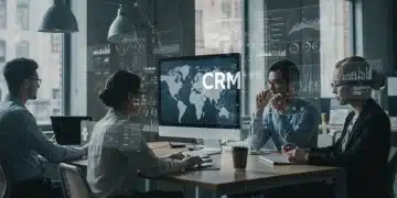 Comparing Top CRM Platforms for US Small Businesses: 2025 Review Small business owners reviewing CRM data on multiple screens in a modern office