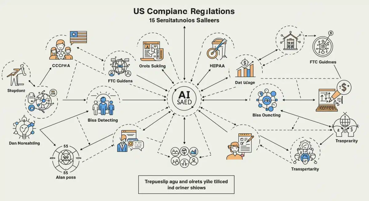 Infographic showing US compliance regulations intersecting with AI ethics in sales data usage and bias detection.