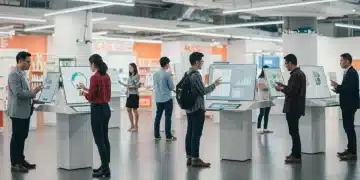 Consumers interacting with retail technology and products in a modern store setting
