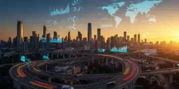Futuristic cityscape with digital financial charts representing U.S. sales forecast 2025 growth sectors